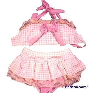 B M G girls pink gingham and lace two piece swimsuit
